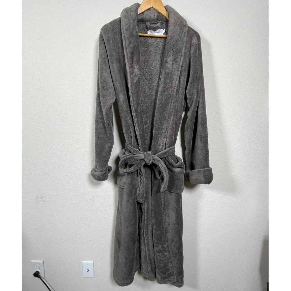 Restoration Hardware Fleece Bathrobe XL Grey Plush Shawl Collar Belted Pocket